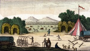 Ansicht eines niederländischen Lagers (von Pionieren, Buren oder Voortrekkern, Afrikanern) in Pampoen Kraal, Kap-Provinz, Südafrika. 1860 von Unknown artist
