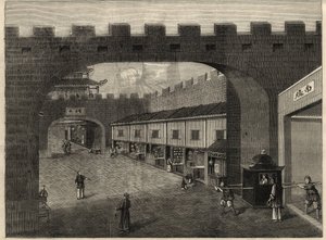 Ansicht einer Straße in den Stadtmauern von Guangzhou, China. Gravur in „The Illustrated London News“ vom 14. Februar 1857.