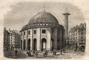Ansicht der Halle au blé in Paris (erbaut 1763-1769) und der Medici-Säule, Gravur Anfang des 19. Jahrhunderts