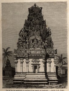 Ansicht eines der Gombroons oder Portiken einer Pagode in Pondichery (Indien). Illustration einer Expedition zur Pagode von Chillambaran (Coromandelküste), 1838-1844, von Konteradmiral Paris, Direktor des Depot des Karten