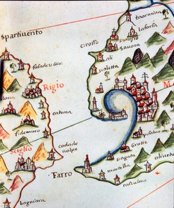 Ansicht der Meerenge von Messina zwischen Kalabrien und Sizilien in Italien. Detail des Portulans von Castellini