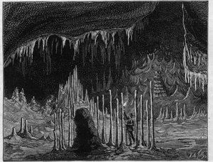 Ansicht der „Halle der Kirche“ in der Höhle von Dargilan (Lozère). Gravur in „La Nature. Revue des sciences et de ses applications aux arts et à l