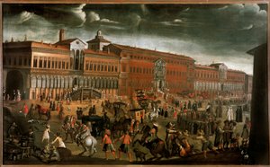 Ansicht des Ospedale Maggiore (Großes Krankenhaus) am Tag des Festes der Vergebung in Mailand. Heute ist es die Staatliche Universität. Der Platz ist belebt von Verkäufern, Einheimischen, Bettlern, Dieben und religiösen Prozessionen. Anonymes Gemälde um 16 von Unknown artist