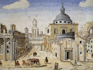 Ansicht des Forum Romanum, Ende des 17. Jahrhunderts, Scagliola auf Terrakotta-Untergrund (Detail) von Unknown artist