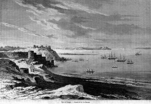 Ansicht der Bucht der befestigten Stadt Tanger und der Küste, Marokko. Gravur von 1860. von Unknown artist