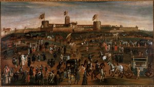 Ansicht der Stadt Mailand, des Schlosses der Sforza und des Kutschenverkehrs