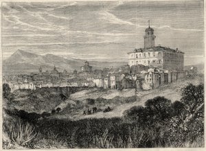 Ansicht der Stadt Monterotondo in Italien. Gravur in „L