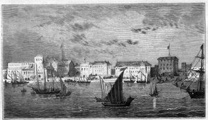 Ansicht der Stadt Sansibar in Afrika. Links das französische Konsulat. Rechts der Palast des Sultans und das Arsenal. Stich in „L