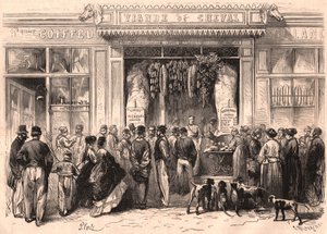 Ansicht der Vorderseite einer Pferdefleischmetzgerei in Paris, Frankreich