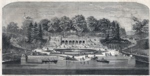Ansicht des Gartens „Central Park“ in New York, USA. Architektur von Frederick Law Olmsted und Calvert Vaux im Stadtteil Manhattan. Gravur in „The Illustrious Universe“ von Unknown artist