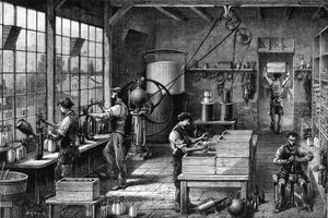 Ansicht des Inneren einer Seltzerwasserfabrik (kohlensäurehaltiges Wasser): Es wird dank eines starken Drucks in einer Flasche namens Siphon hergestellt. Verschiedene Stufen, Herstellung und Abfüllung. Gravur