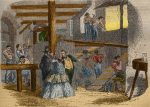 Ansicht des Inneren einer Glasfabrik mit Glasbläsern. Gravur von 1856 in „Le Musée Des Sciences“
