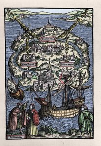Ansicht der Insel Utopia aus dem Buch von Thomas More (1478-1535), „De optimo reipublicae statu deque nova insula Utopia“. Graviert von Johann Froben. 1518 von Unknown artist