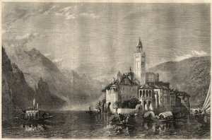 Ansicht des Klosters Mater Ecclesiae auf der Insel San Giulio am Ortasee in Italien. Gravur nach einem Gemälde von William Collingwood Smith (1815-1887). In „The Illustrated London News“ vom 22. März. von Unknown artist