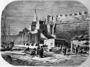 Ansicht des Hafens der befestigten Stadt Tanger und der Küste, Marokko. Gravur von 1860. von Unknown artist