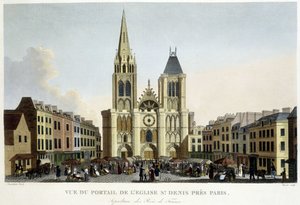 Ansicht des Portals der Kirche von St. Denis, nahe Paris, Begräbnisstätte der Könige von Frankreich, und Markt auf dem Platz - in „Paris par Courvoisier“ von Unknown artist