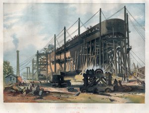 Ansicht des Hecks des transatlantischen Liners „Great Eastern“ (Leviathan) im Bau auf der Werft an der Themse in London. Gravur in „The Illustrated London News“ vom 7. November 1857. von Unknown artist