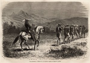 Freiwillige auf dem Weg nach Cali, eine lange Reihe von Männern mit hinter dem Rücken gefesselten Händen, verbunden durch ein Seil, das von einem berittenen Soldaten gehalten wird, der sie in ein militärisches Ausbildungslager bringt. Gravur zur Illustrati von Unknown artist