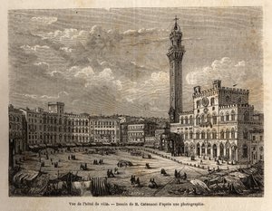 Ansicht des Rathausplatzes von Siena, Gravur zur Illustration einer Reise nach Siena (Italien) 1865, in „Le tour du monde, nouveau journal des voyages“ herausgegeben von Edouard Charton von Unknown artist