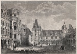 Außenansicht des Schlosses von Blois mit der monumentalen Treppe - Gravur in „Le Monde Illustré“