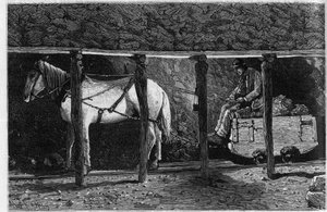 Ein Wagen wird in den Kohleminen von Wales eingesetzt. Gravur in „Le journal de la jeunesse“ von Unknown artist