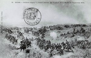 Krieg von 1870: Bayerische Artillerie nimmt Stellung von den Höhen der Marfe in den Ardennen am 01.09.1870. Gravur von 1870