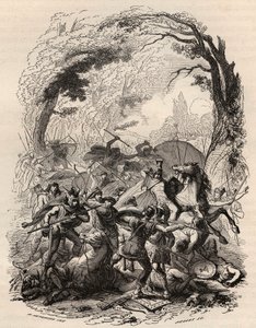 Gallischer Krieg: Schlacht von Aduatuca zwischen dem belgischen Volk der Eburonen und der römischen Armee. Niederlage von Quintus Titurius Sabinus und Lucius Aurunculeius Cotta im Jahr 54 v. Chr. Gravur von 1868 in „Histoire de Belgique von den frühesten Z von Unknown artist