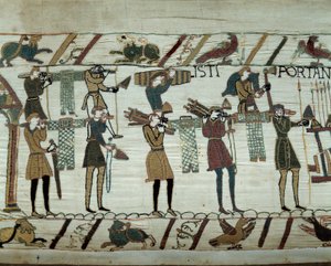 Waffen und Wein werden zu den Schiffen gebracht, während der Nachschub für die Eroberung Englands durch die Flotten von Wilhelm dem Eroberer (1027-1087) im Jahr 1066 Detail des Teppichs von Bayeux oder Stickerei von Königin Mathilde von Unknown artist