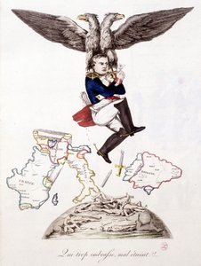 Wer zu viel umarmt, umarmt schlecht: Nach dem Todesschrecken in ganz Europa schließt sich Napoleon der Insel Elba an, getragen von einem Adler - in „Napoleon 1., Karikaturen, Dummysammlung“, ca. 1814