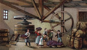 Weinproduktion: Weinpresse des Hospizes von Beaune (Clos Vougeot). Chromolithografie des späten 19. Jahrhunderts
