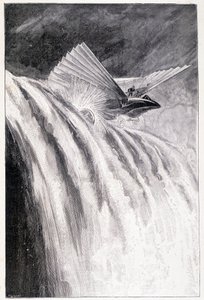 Geflügeltes Fahrzeug überquert einen Wasserfall, Ill. „Der Herr der Welt“, Jules Verne, Ende des 19. Jahrhunderts von Unknown artist