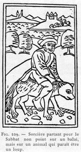 Hexe, die zum Sabbat aufbricht, nicht auf einem Besen, sondern auf einem Tier, das wie ein Wolf aussieht.