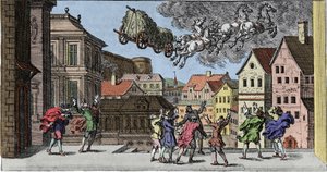 Hexerei und Glauben: Ein skandinavischer Magier provoziert einen Sturm, der ein Pferd und seinen mit Heu beladenen Wagen hebt. Gravur aus „Mundi Mirabilis Oeconomia“ von Johann Zahn (1631-1707). von Unknown artist