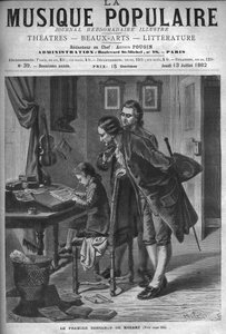 Wolfgang Amadeus Mozart schreibt ein Konzert für Cembalo in Anwesenheit seines Vaters Leopold und Andreas Schachtner 1762 - Gravur in „La musique populaire“ illustrierten Wochenzeitung - 1882