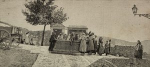 Frauen und Kinder am Brunnen in Piana dei Greci, Italien, Gravur nach einem Foto von E Interguglielmi aus L