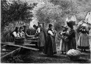 Frauen waschen Wäsche im Elsass. Gravur im illustrierten Journal „La jeunesse“
