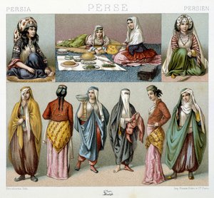 Frauenmahlzeit und weibliche Kostüme in Persien - in „Le costume historique“ von Racinet