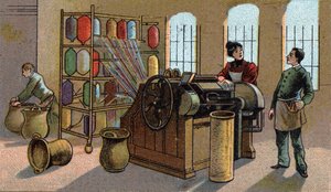 Wollindustrie, Kämmen. Chromolithografie des späten 19. Jahrhunderts