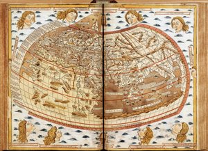 Weltkarte von Claudius Ptolemäus. Die menschlichen Köpfe, die Luft blasen, stellen die verschiedenen Winde dar (deren Namen angegeben sind). In „Lateinische Geographie. Beatissimo Patri Paulo Secundo Pontifici Maximo. Donis Nicolaus“. Geographisches Manusk von Unknown artist