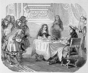 „Sie sehen mich, meine Herren“, sagte der König, „ich bin beschäftigt, Molière zu essen“: Ludwig XIV. und Molière am Tisch - in „Paris durch die Jahrhunderte“ von Unknown artist
