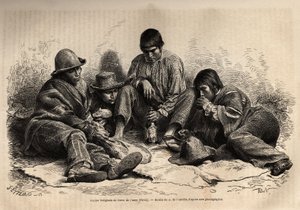 Junge Indianer aus Cerro de Pasco (Zentralperu), versammeln sich zum Frühstück. Gravur zur Illustration Les iles Chincha, rect von L. Simonin, 1860, veröffentlicht in „Le tour du monde, nouveau journal des voyages“, herausgegeben von Edouard Charton