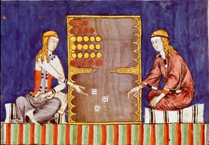 Junge Frauen spielen Tric Trac, Vorläufer von Backgammon - Miniatur aus dem Manuskript „Libro de los juegos“ von Alfons X. dem Weisen