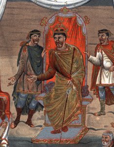 (Detail) Karl II. der Kahle, König von Frankreich, empfängt eine Delegation von Mönchen aus Tours. Faksimile in Chromolithographie des 19. Jahrhunderts nach einer Miniatur des 10. Jahrhunderts von Unknown artist