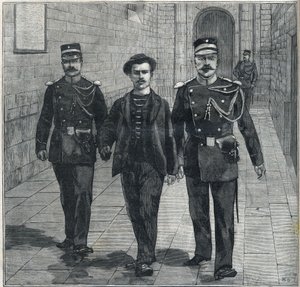 Der italienische Anarchist Luigi Luccheni (Lucheni), Mörder der Kaiserin Elisabeth von Österreich (Sissi), vor Gericht im Jahr 1898. von Unknown artist