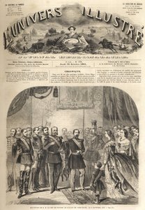 Der Besuch von Wilhelm, dem König von Preußen, bei Napoleon III., dem Kaiser der Franzosen, in Compiègne, Frankreich 1861 - Besuch von Wilhelm I. von Preußen (1797-1888) in Compiègne in Anwesenheit von Napoleon III. - Gravur aus „Das illustre Universum“ von Unknown artist