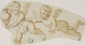 Putto jagt einen anderen Putto, der eine Vase trägt