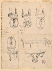 Zeichnung, Stühle und architektonische Skizzen, 1785–1795 von Unknown artistUnknown artist