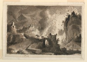 Zeichnung, Bühnenbild, Stadt in Flammen, ca. 1810–20