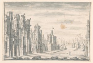 Zeichnung, Bühnenbild, Blick auf Stadt und Hafen, frühes 18. Jahrhundert von Unknown artistUnknown artist