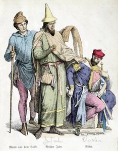 Kostüme des 11. Jahrhunderts: Der Mann mit dem Stock, der reiche Jude und der Ritter. Gravur des 19. Jahrhunderts